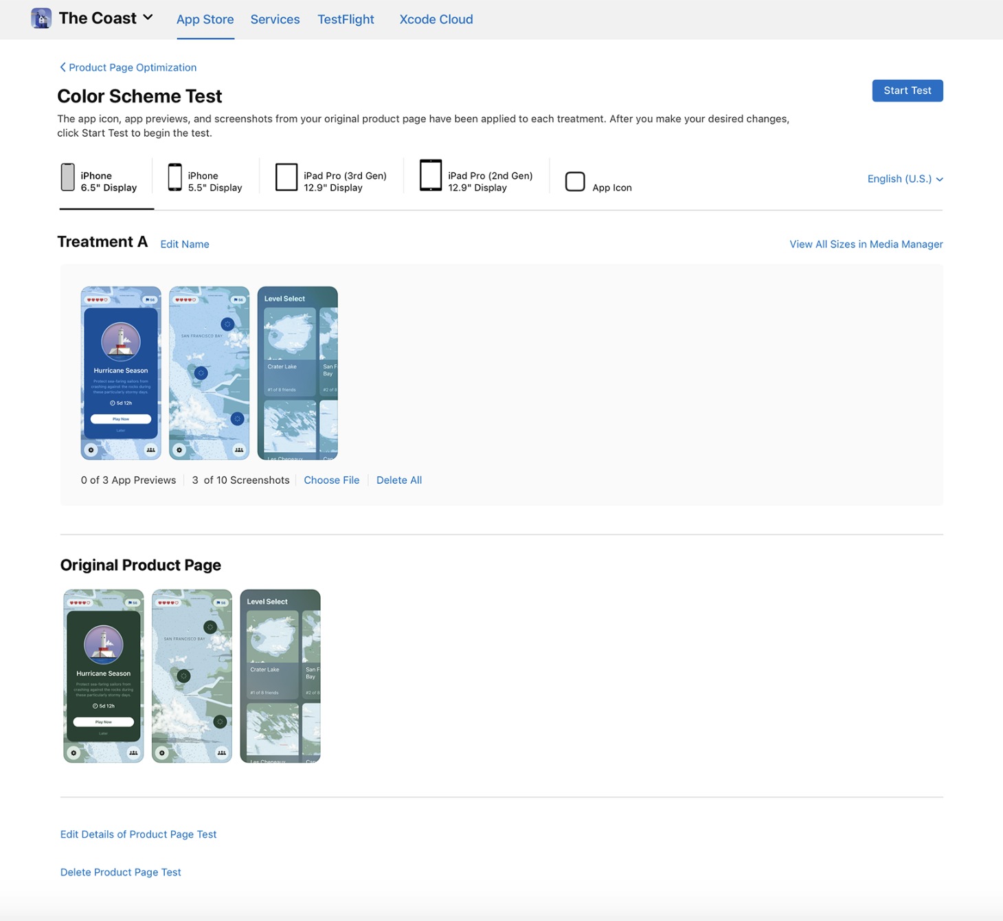 Example from Apple about how to set up an A/B test in the App Store Console.